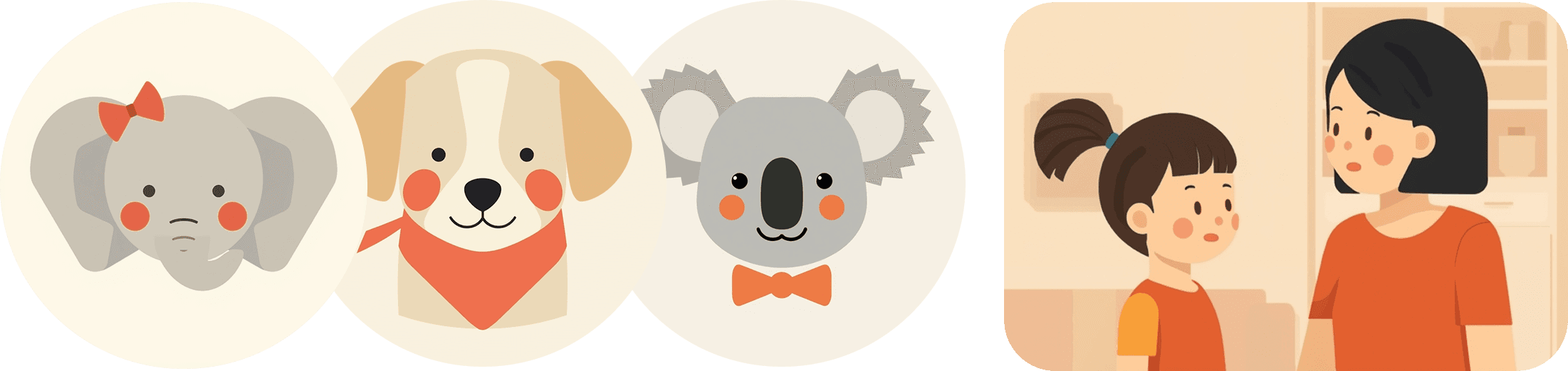 Clara character illustrations — elephant, puppy, and koala avatars